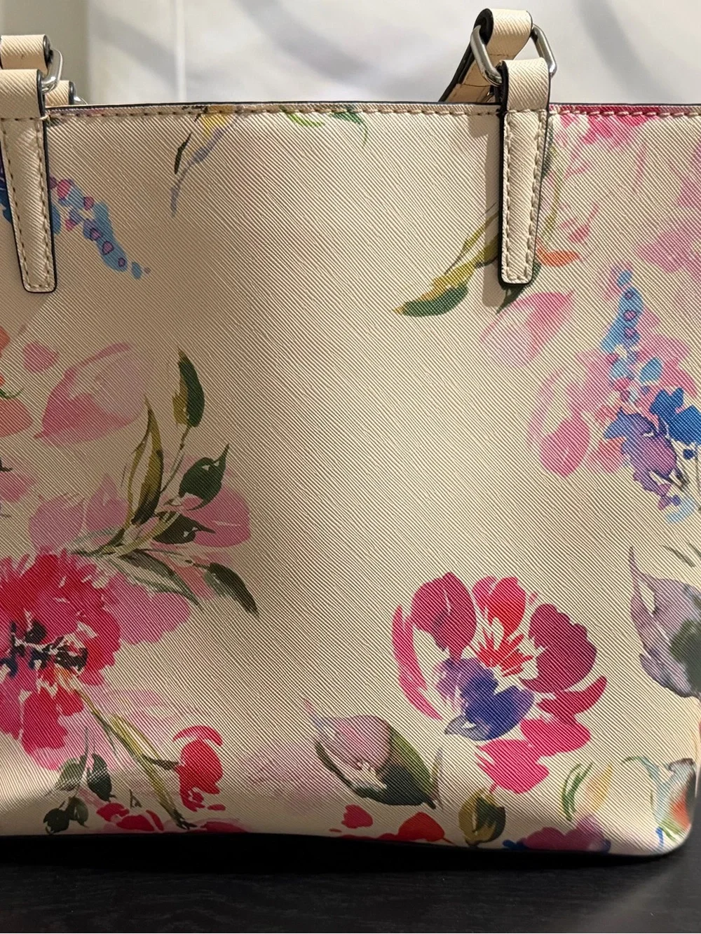 GUESS Floral Tote in Cream with Pink Accents